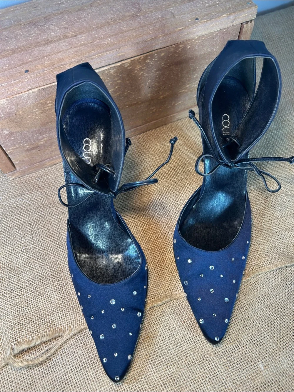 Coup D'etat Navy Pointed Studded Ankle-Strap Heels